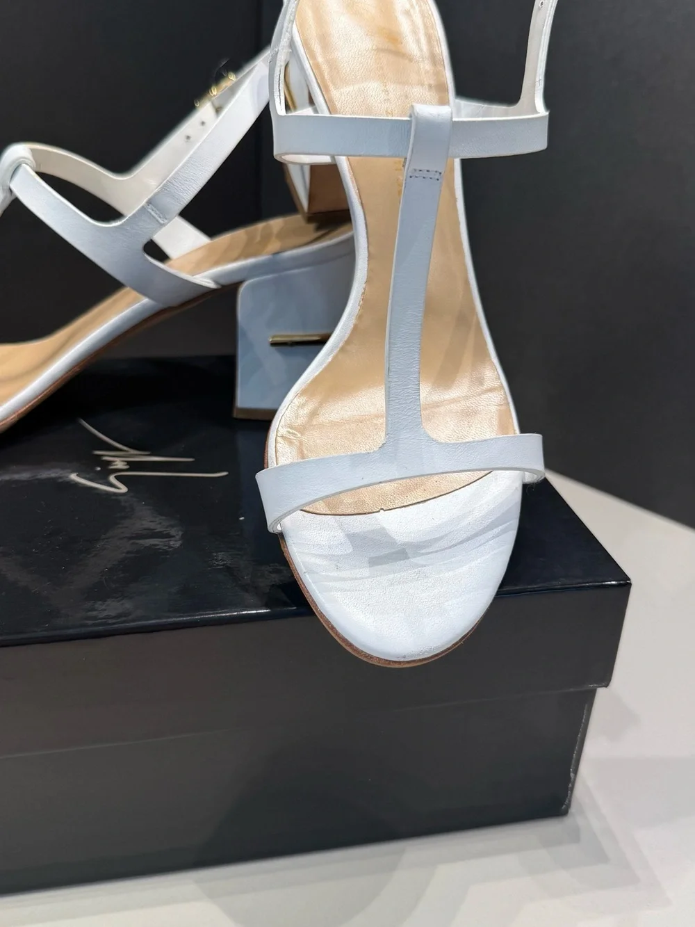 Giuseppe Zanotti White T-Strap Block Heel Sandals with Gold Accent